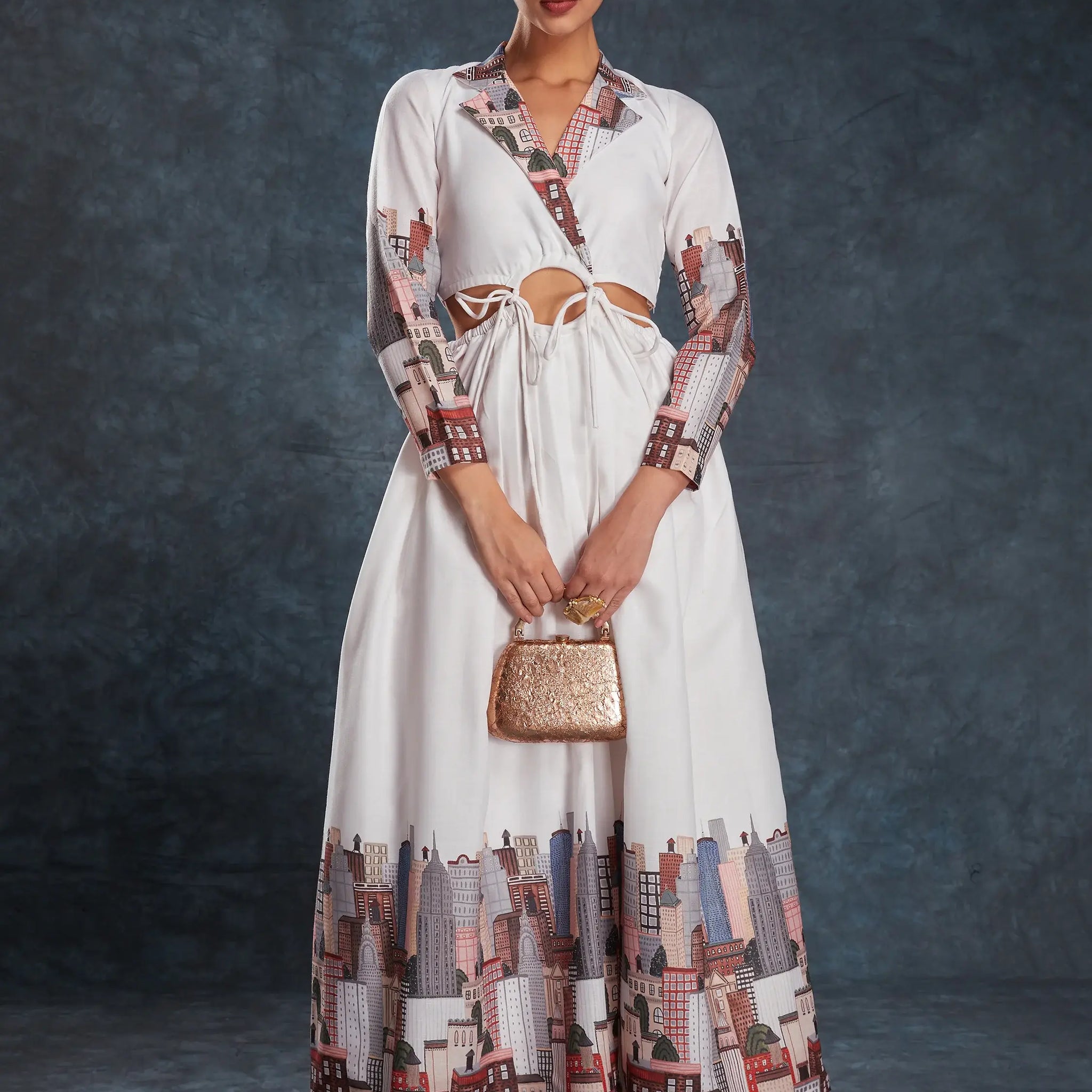 Pretty White Printed Linen Western Wear Long Dress - Zeel Clothing