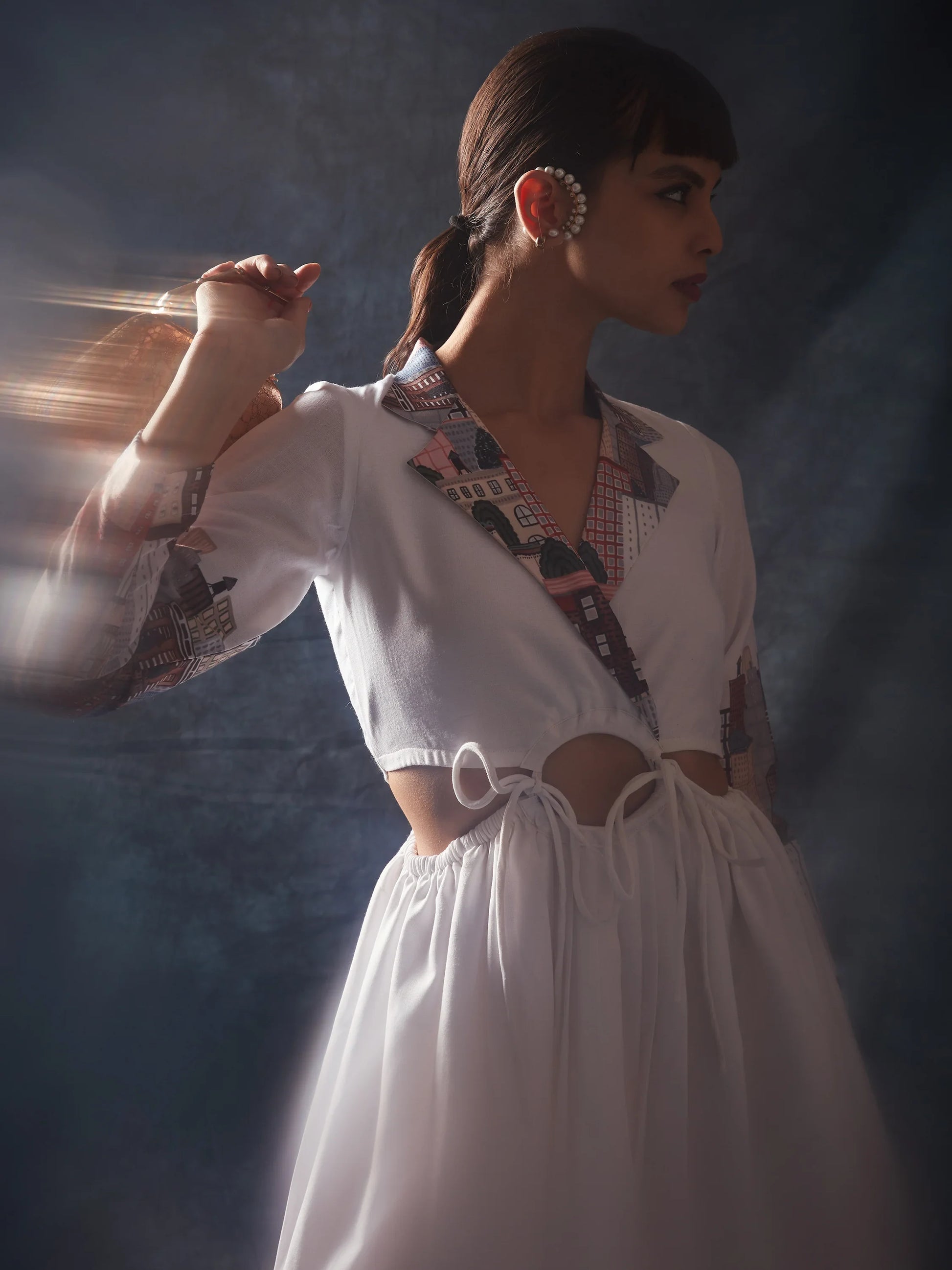 Pretty White Printed Linen Western Wear Long Dress - Zeel Clothing