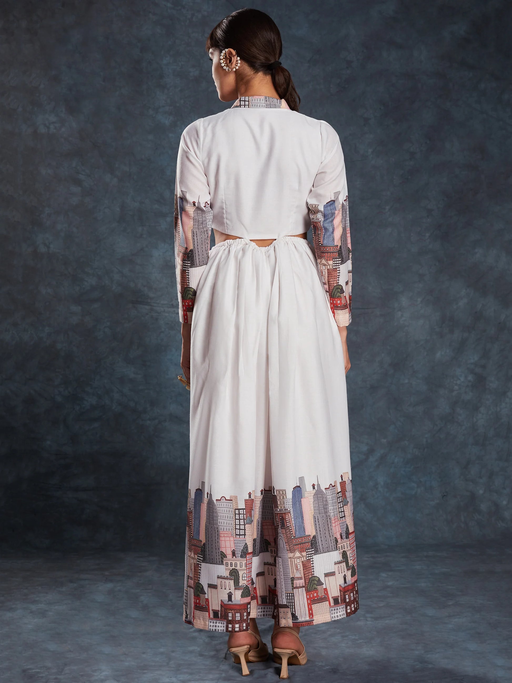 Pretty White Printed Linen Western Wear Long Dress - Zeel Clothing