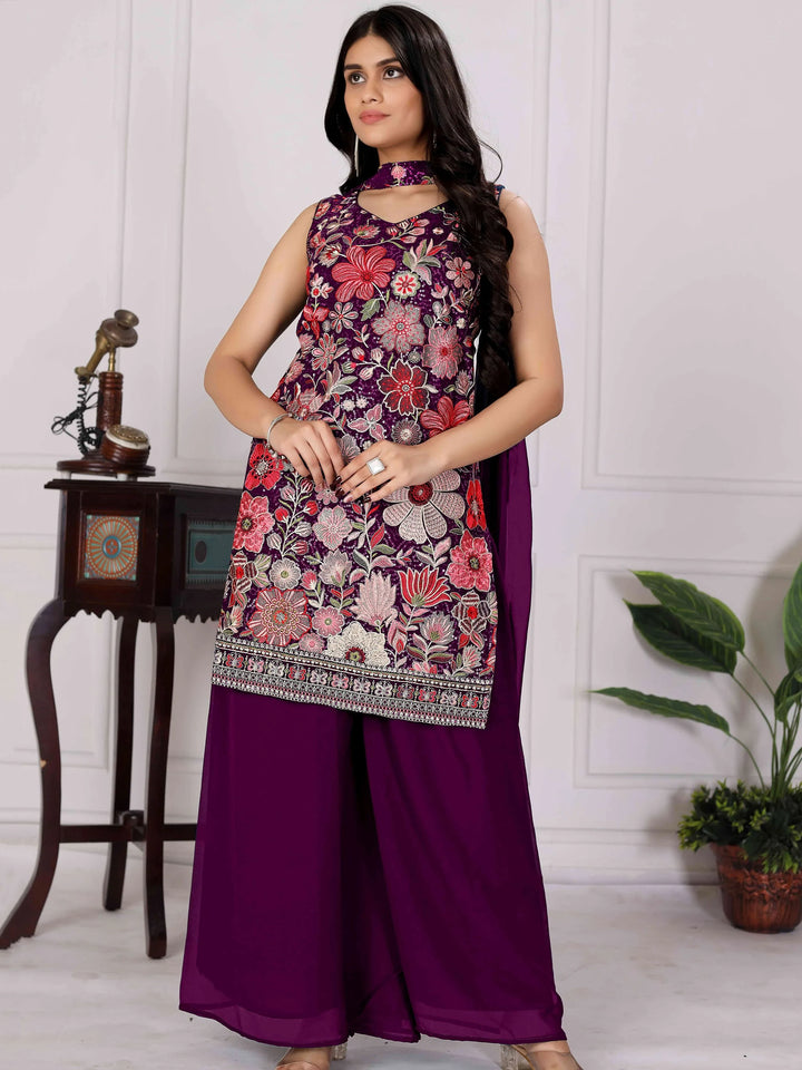 Pretty Wine Floral Embroidered Georgette Festive Wear Palazzo Suit