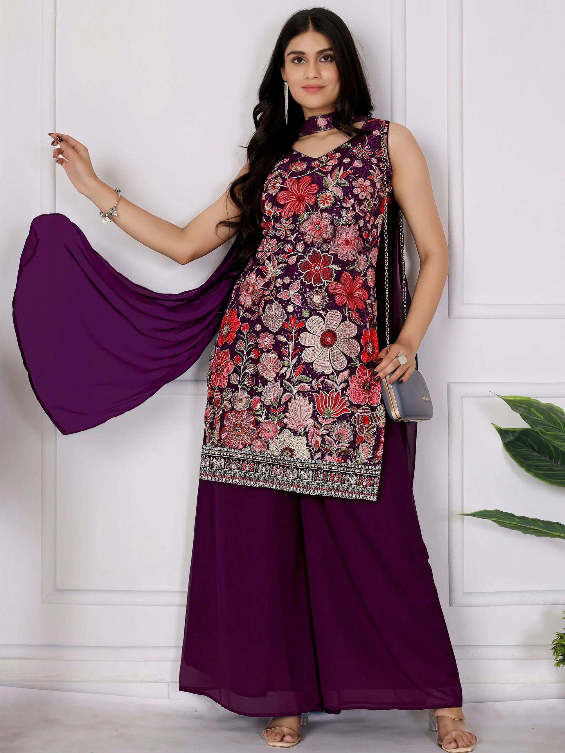 Pretty Wine Floral Embroidered Georgette Festive Wear Palazzo Suit