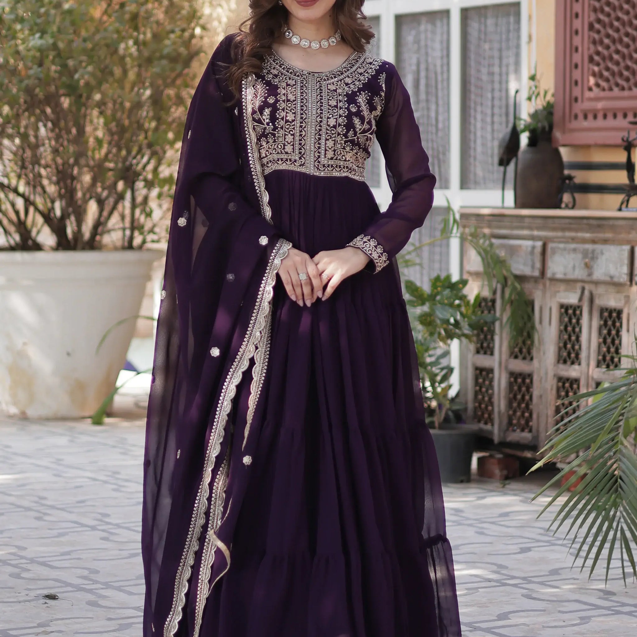 Pretty Wine Pearl Work Georgette Party Wear Gown With Dupatta - Zeel Clothing
