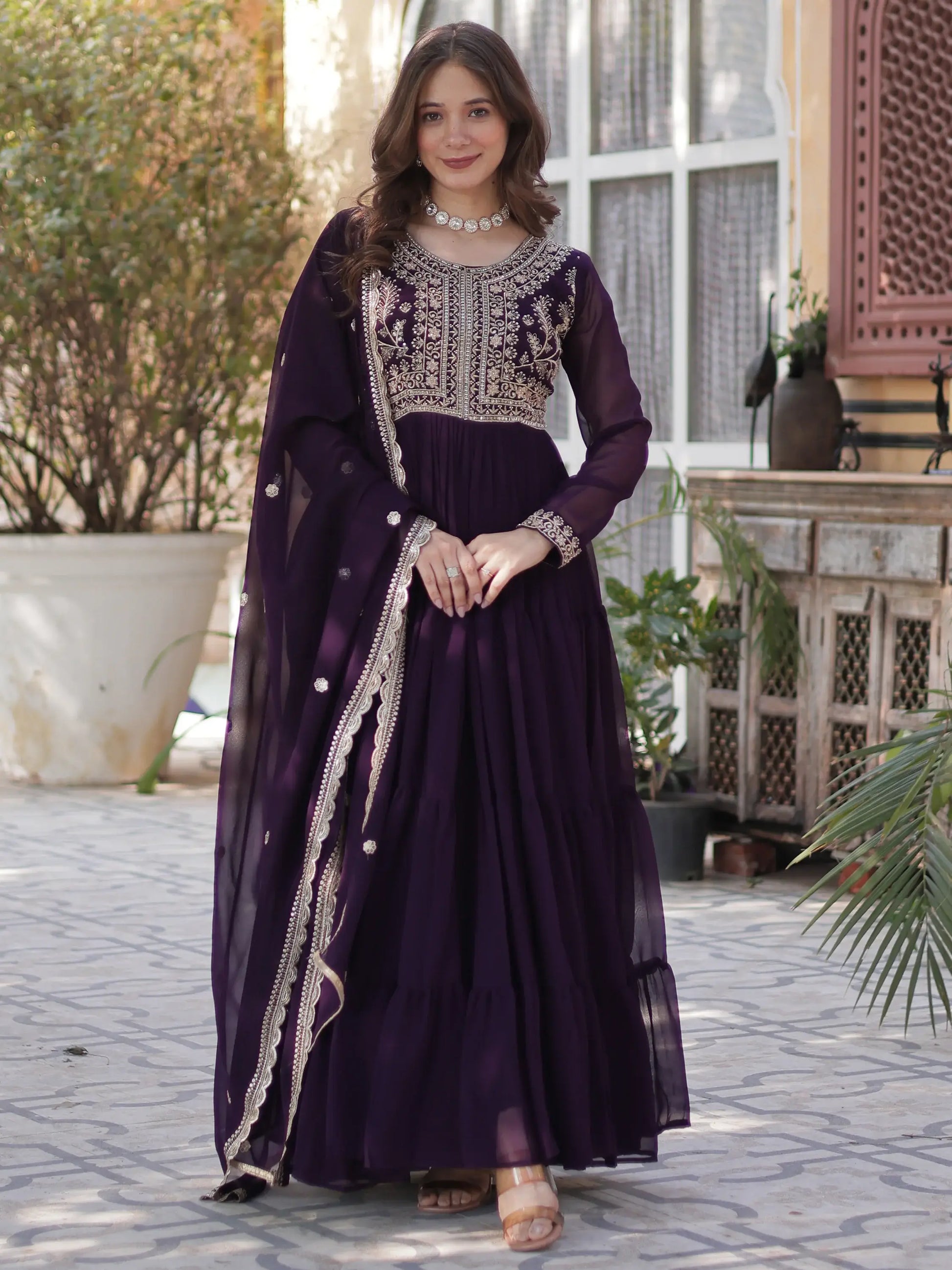 Pretty Wine Pearl Work Georgette Party Wear Gown With Dupatta - Zeel Clothing