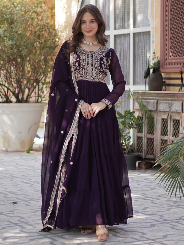 Pretty Wine Pearl Work Georgette Party Wear Gown With Dupatta - Zeel Clothing