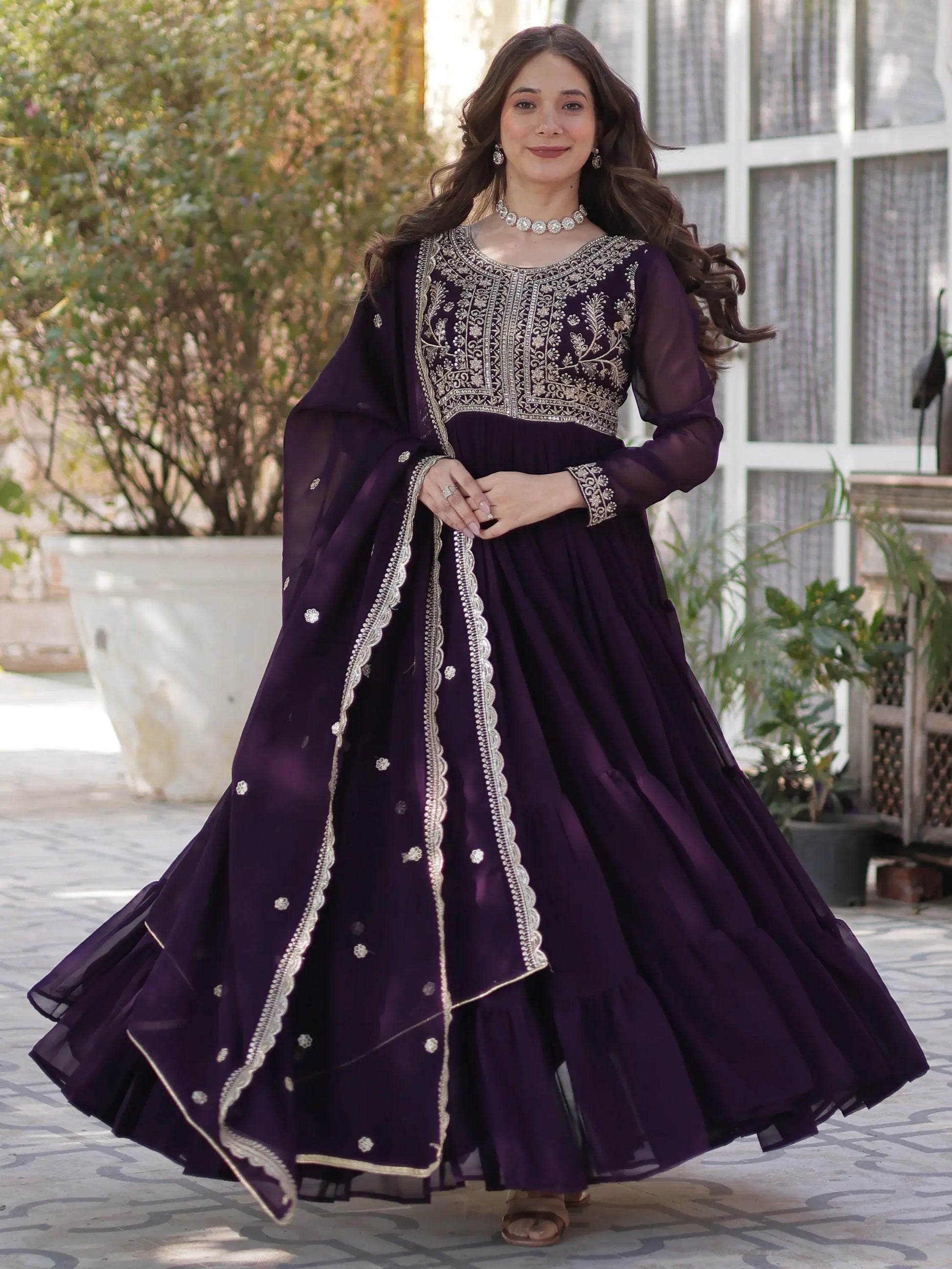 Pretty Wine Pearl Work Georgette Party Wear Gown With Dupatta - Zeel Clothing