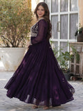 Pretty Wine Pearl Work Georgette Party Wear Gown With Dupatta - Zeel Clothing
