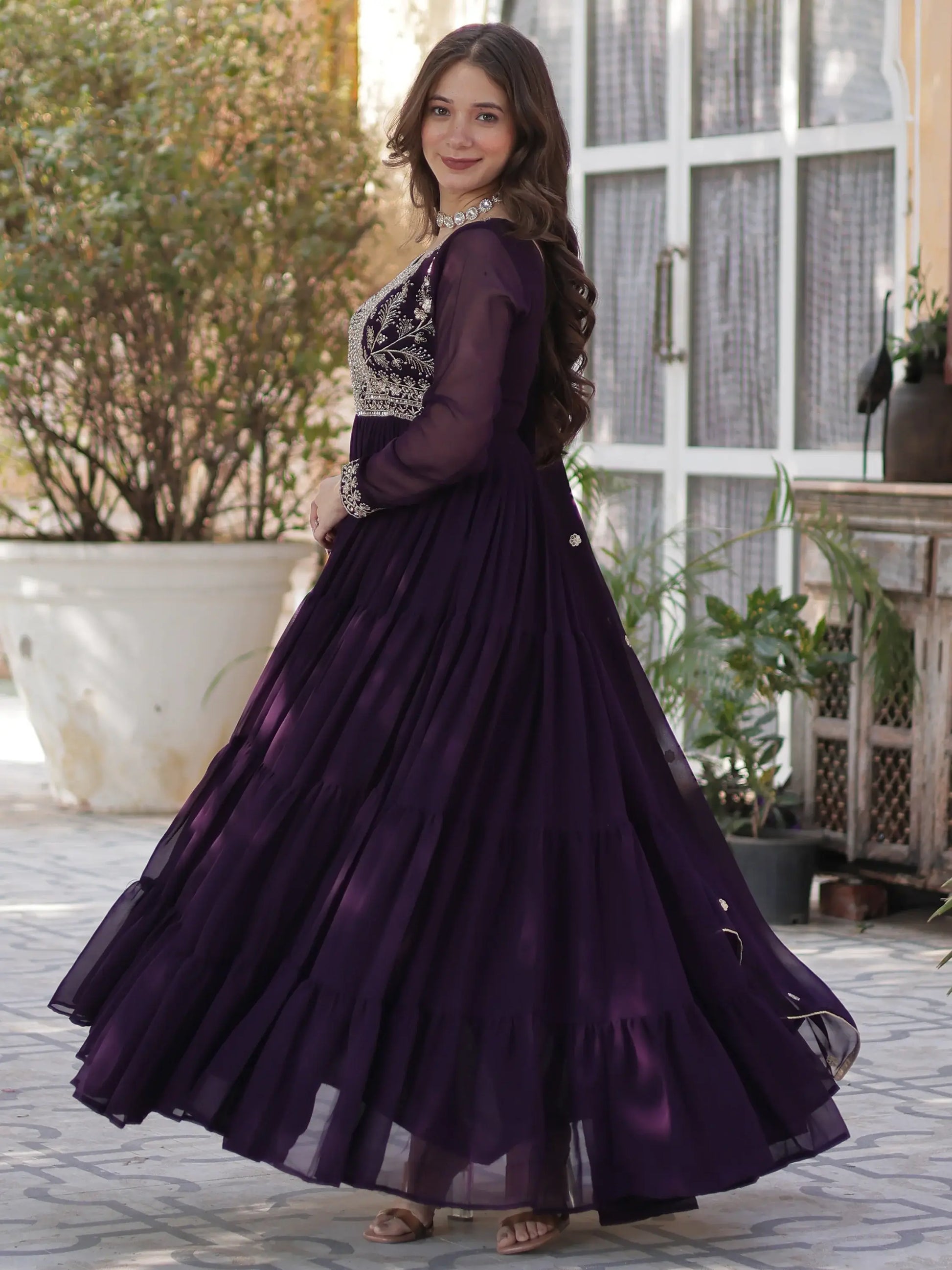 Pretty Wine Pearl Work Georgette Party Wear Gown With Dupatta - Zeel Clothing