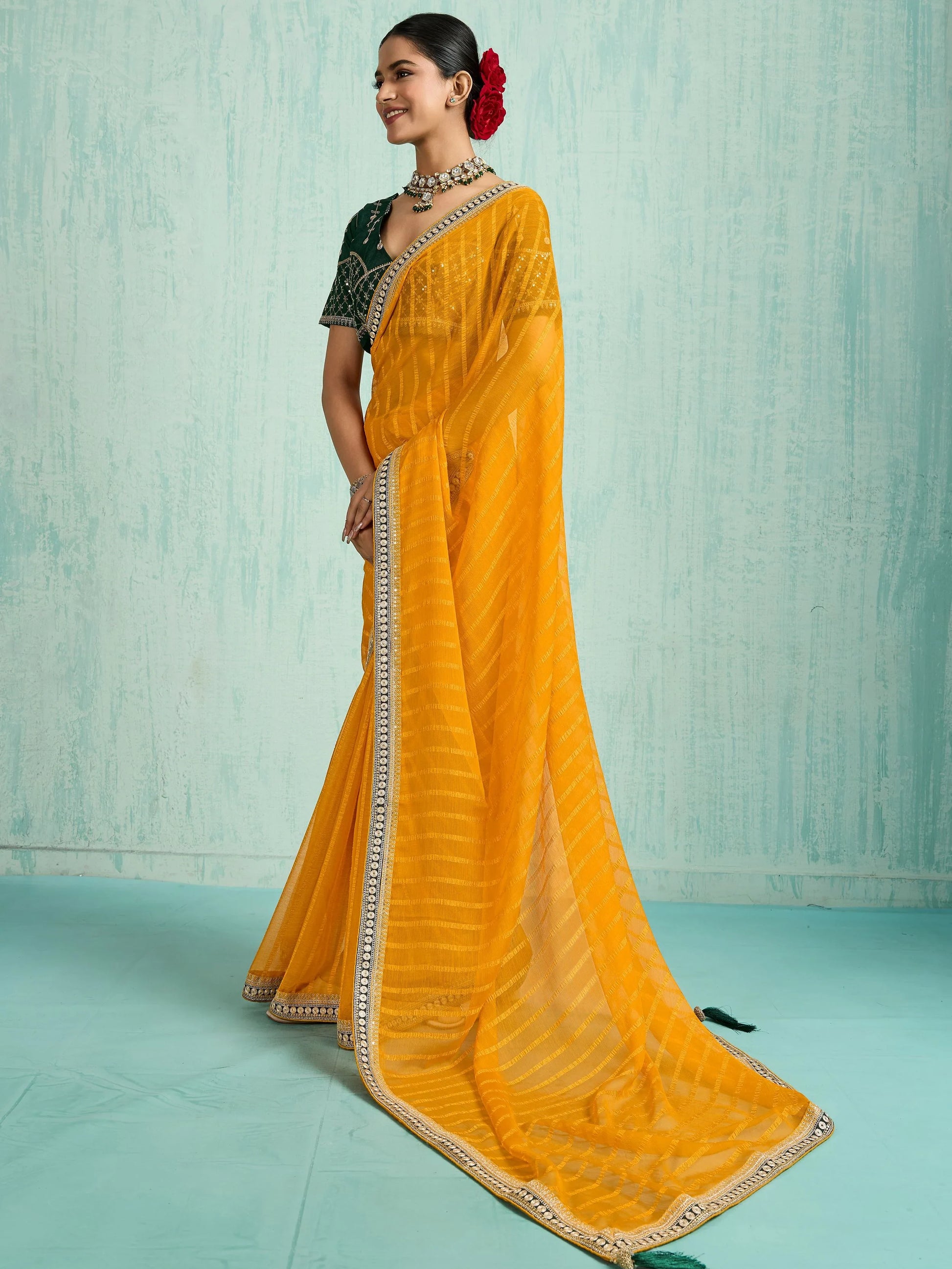 Pretty Yellow Zari Border Work Chiffon Haldi Wear Saree With Blouse