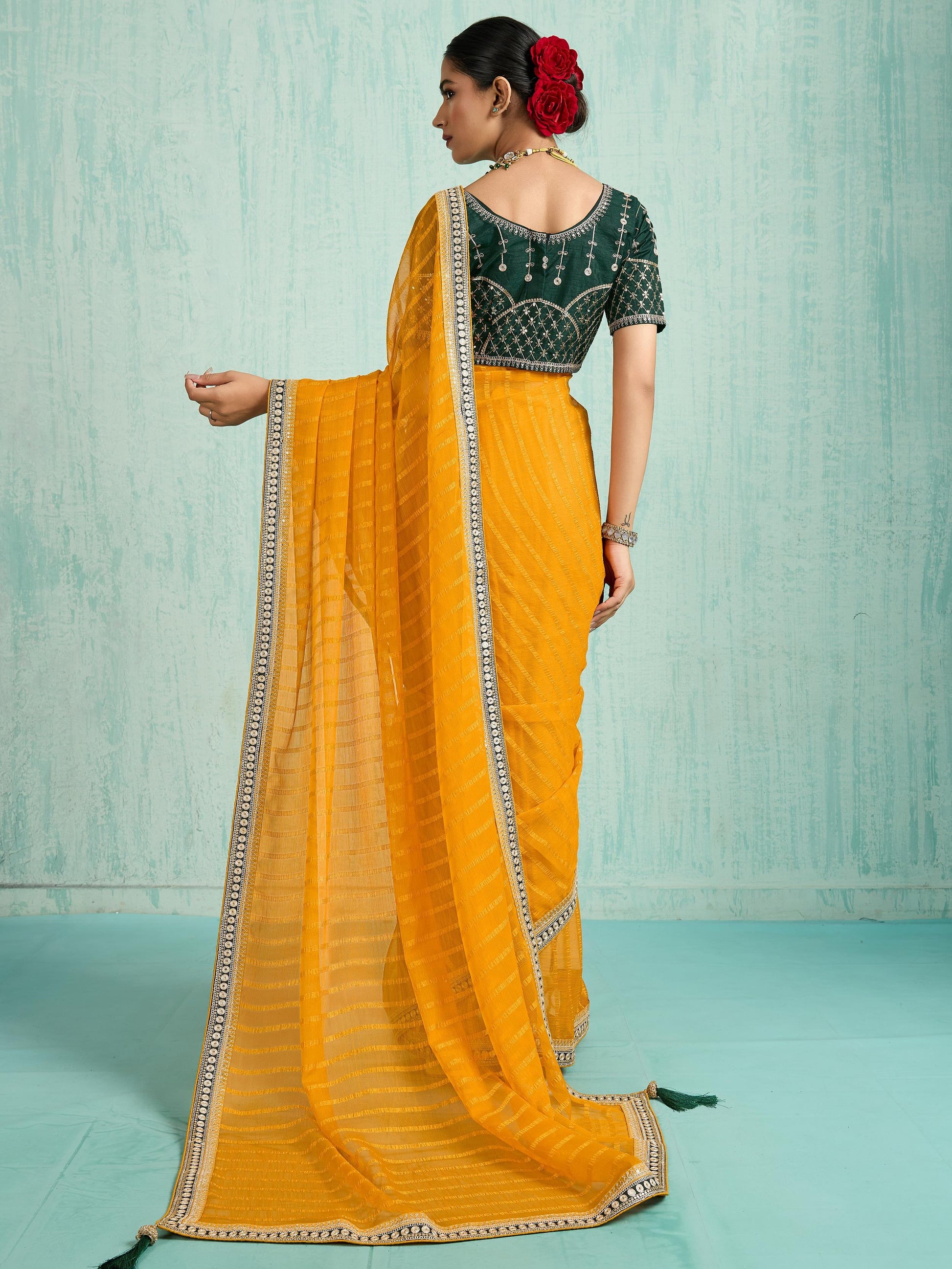 Pretty Yellow Zari Border Work Chiffon Haldi Wear Saree With Blouse
