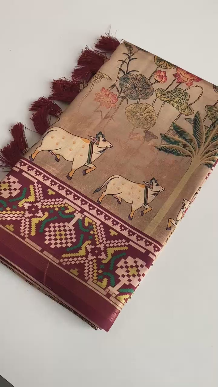 Attractive Cream Pichwai Printed Viscose Silk Saree With Blouse