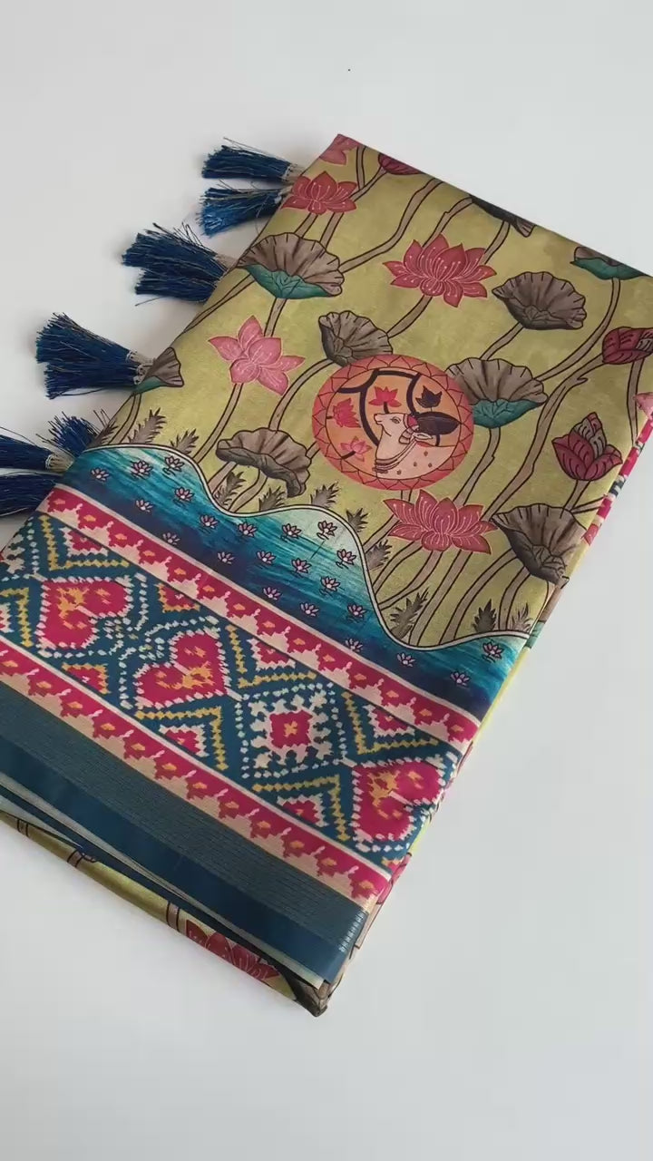 Gorgeous Yellow Pichwai Printed Viscose Silk Casual Wear Saree