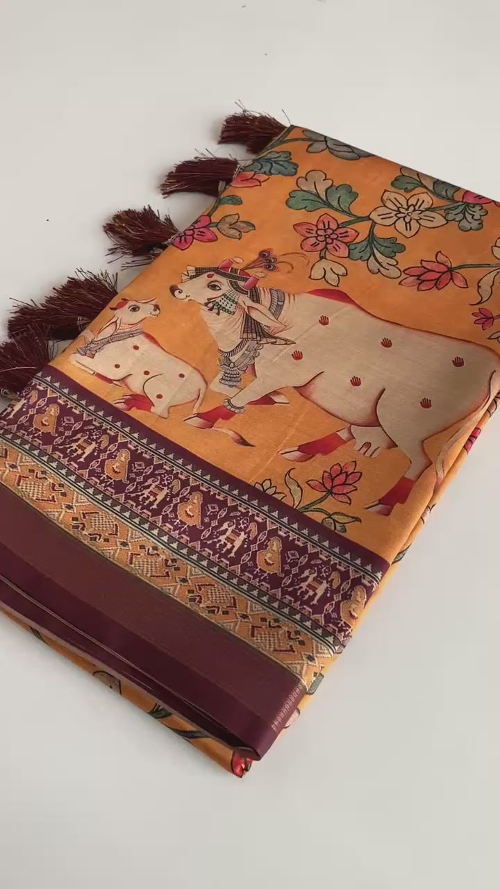 Stunning Orange Pichwai Printed Viscose Silk Office Wear Saree