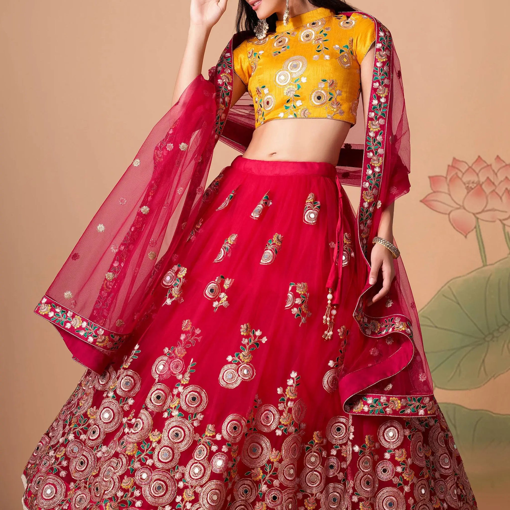 Prodigious Hot Pink Mirror Work Net Wedding Wear Lehenga Choli - Zeel Clothing