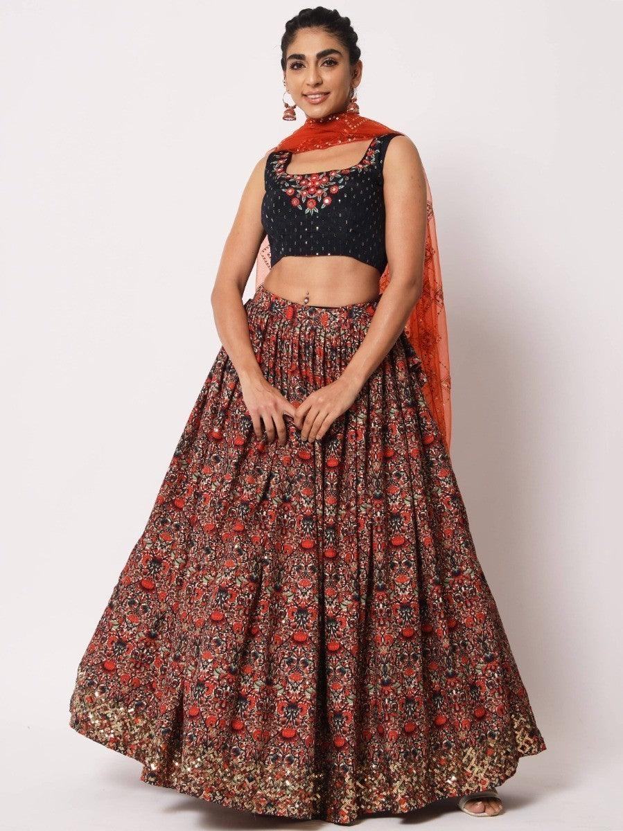 Floral print lehenga with black embroidered crop top and orange dupatta for women's fashion