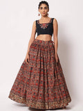 Floral print lehenga skirt with embroidered black crop top, women's ethnic fashion