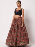Floral print lehenga with black embroidered crop top, stylish women's ethnic wear
