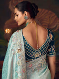Prominent Blue Heavy Border Work Silk Wedding Wear Saree With Blouse