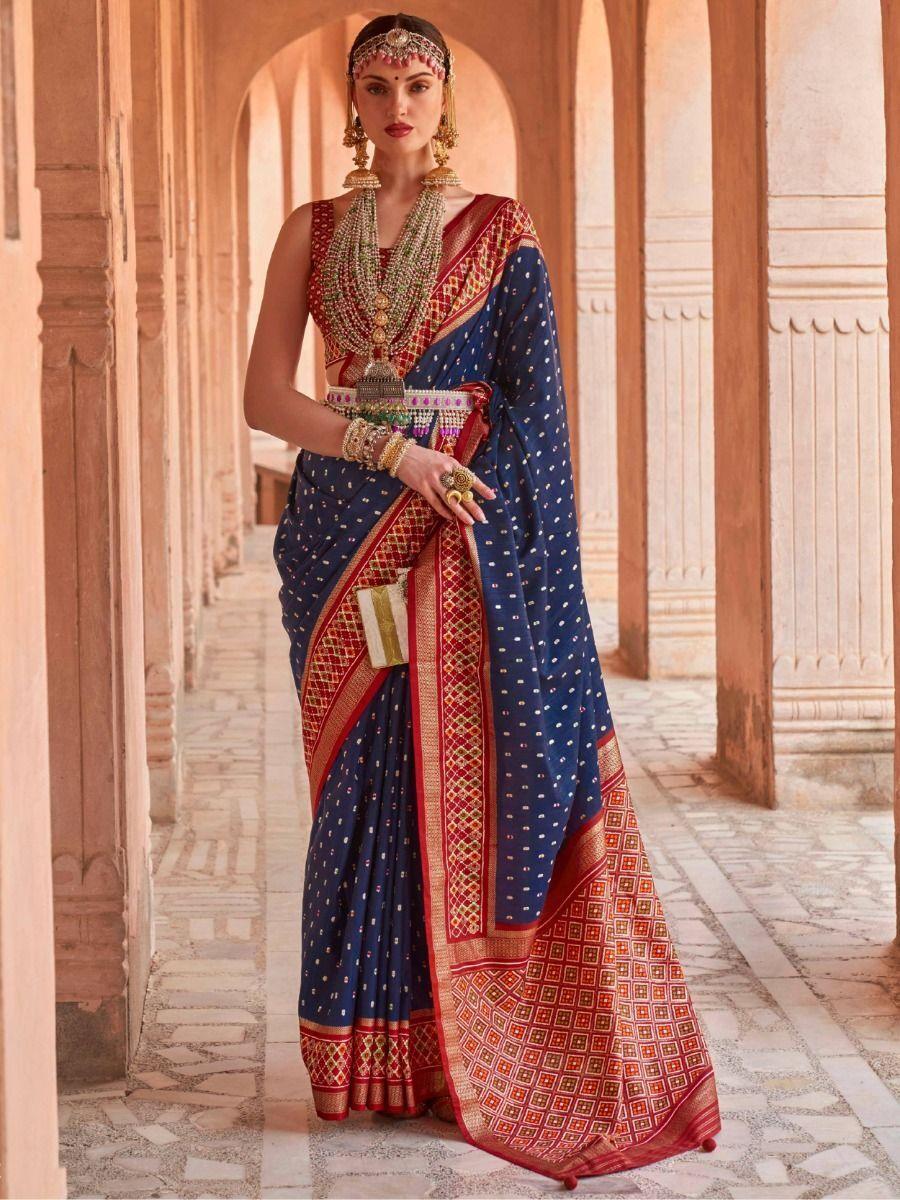Awesome Navy Blue Patola Print Silk Classic Saree With Blouse