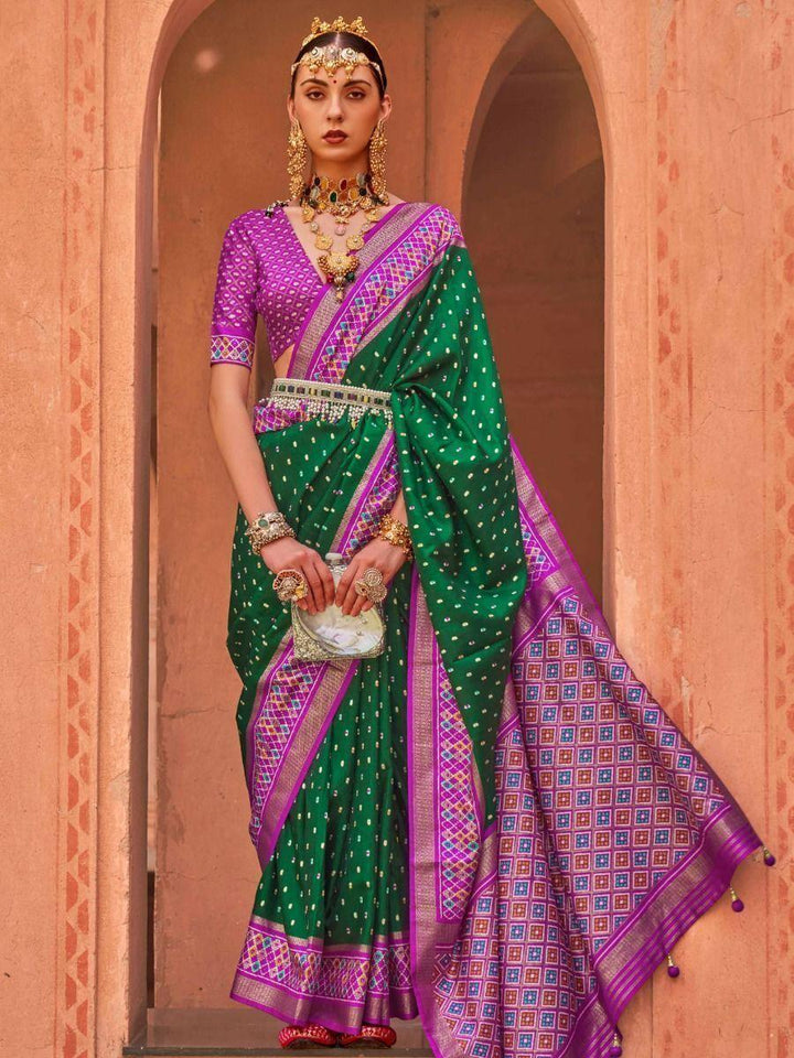 Outstanding Green Patola Print Silk Trendy Saree With Blouse
