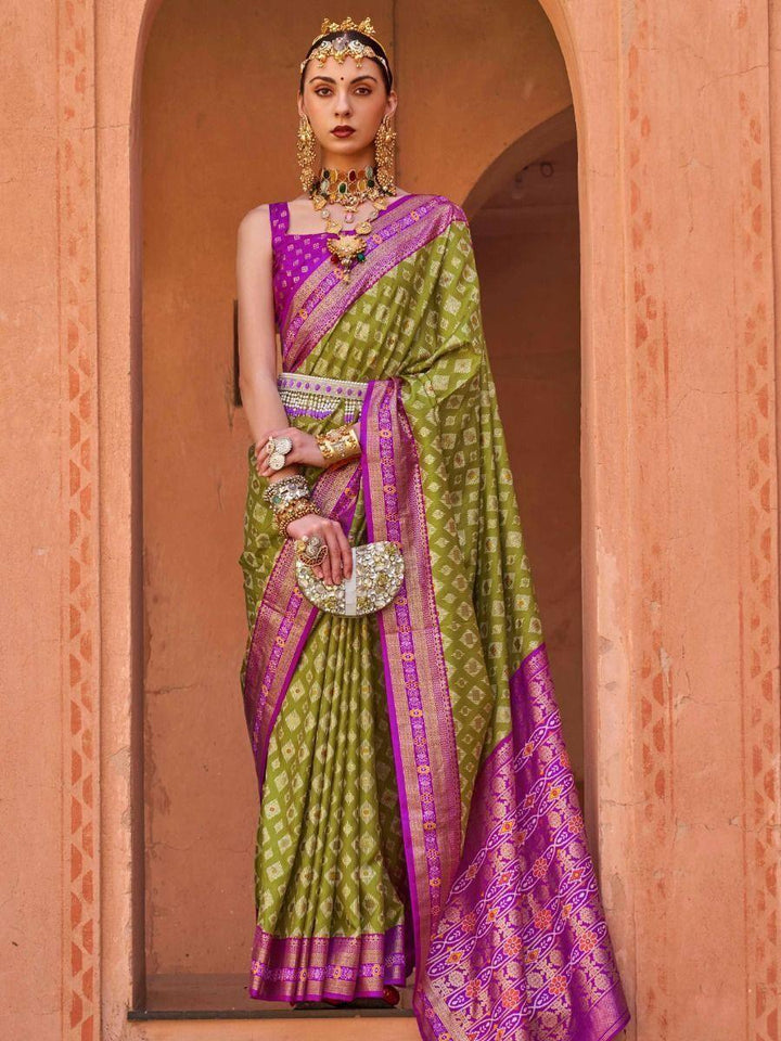 Great Olive Green Patola Print Silk Reception Saree With Blouse
