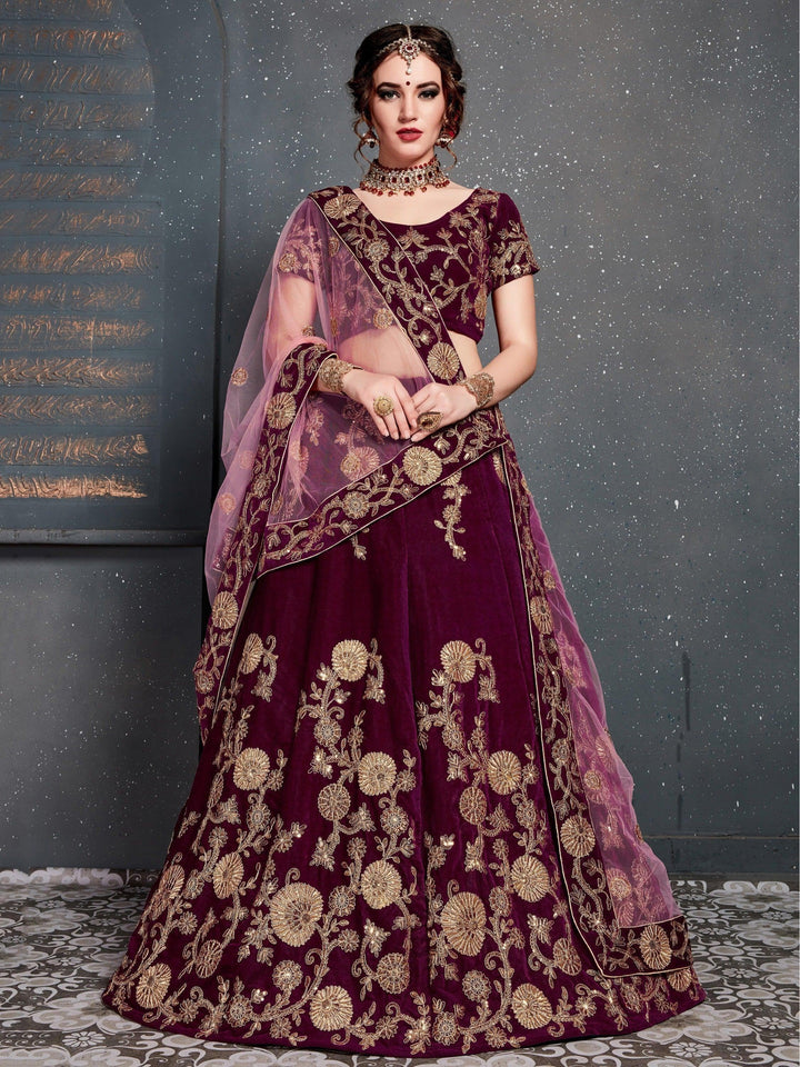 Purple Embroidered Velvet Bridal Lehenga Choli