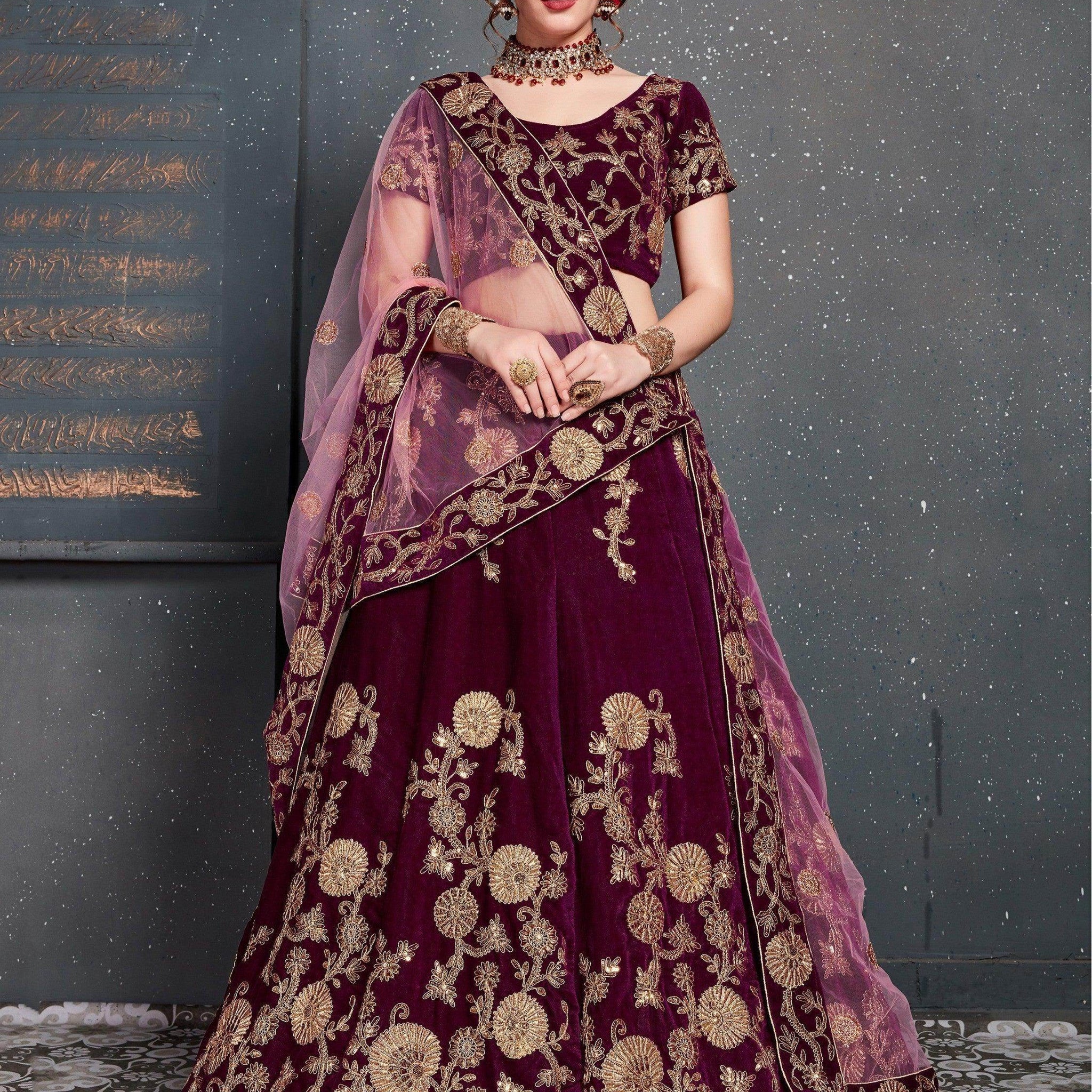 Purple Embroidered Velvet Bridal Lehenga Choli - Zeel Clothing