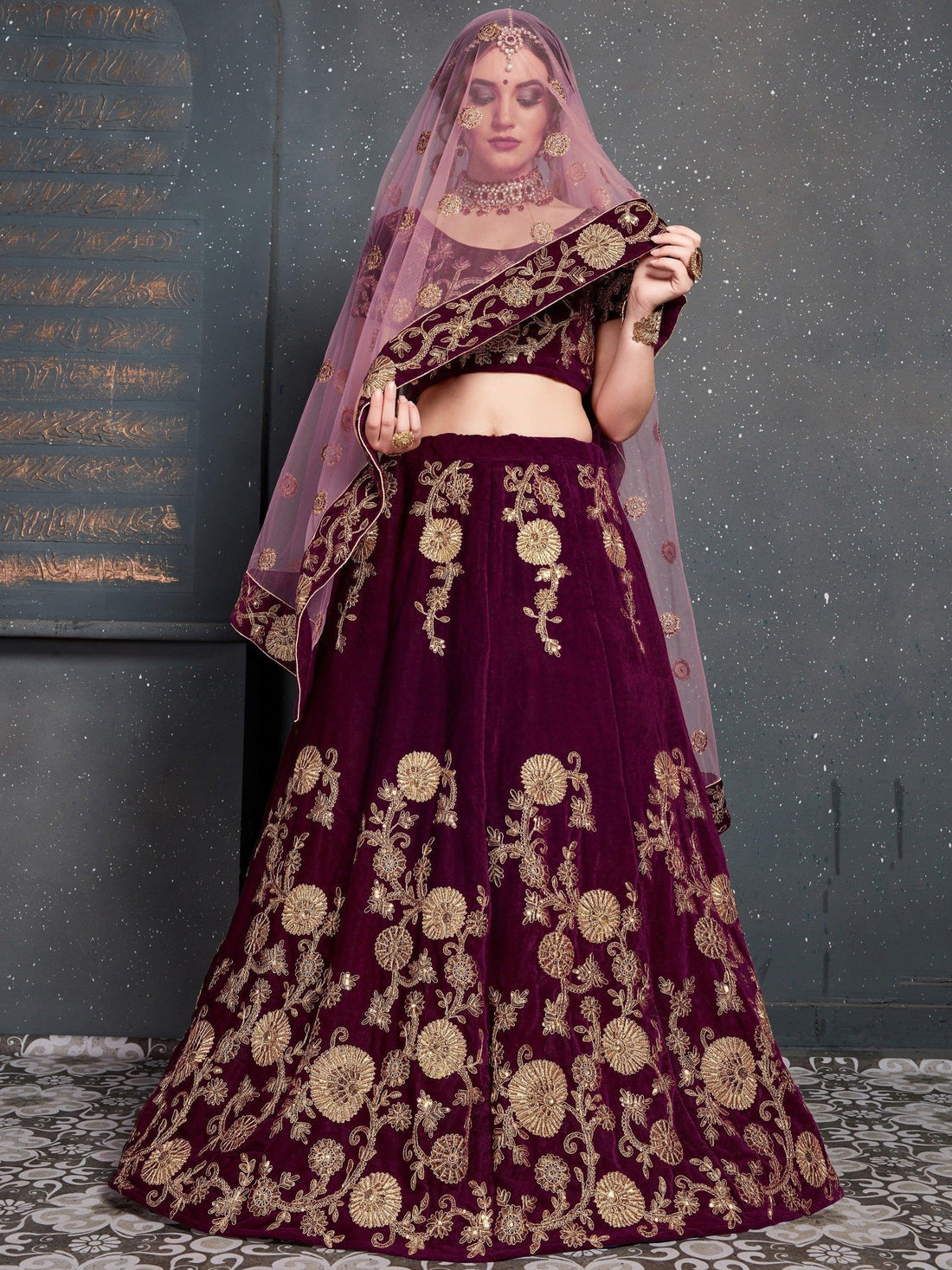 Purple Embroidered Velvet Bridal Lehenga Choli