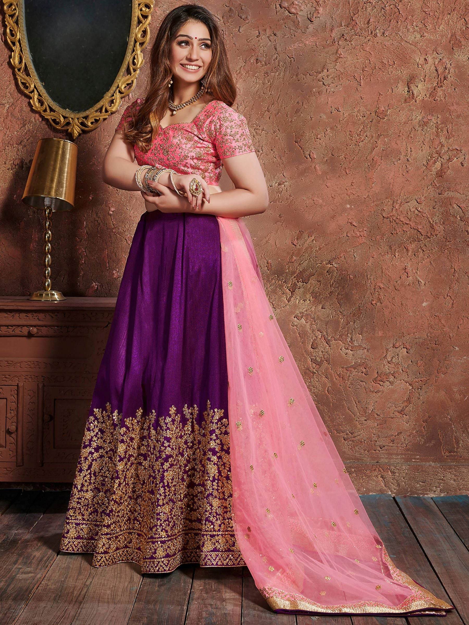 Purple Sequins Embroidered Silk Wedding Wear Lehenga Choli - Zeel Clothing