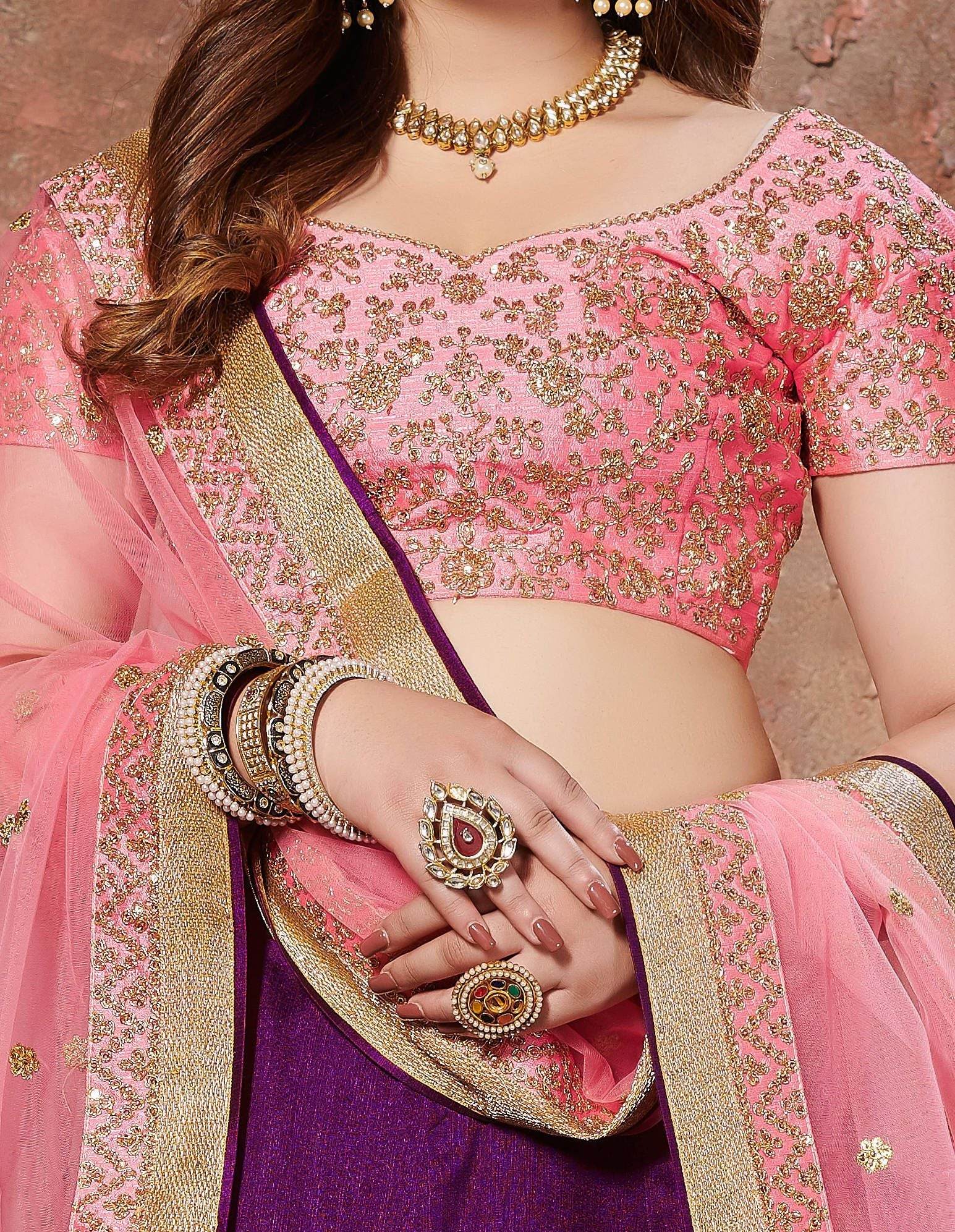 Purple Sequins Embroidered Silk Wedding Wear Lehenga Choli - Zeel Clothing