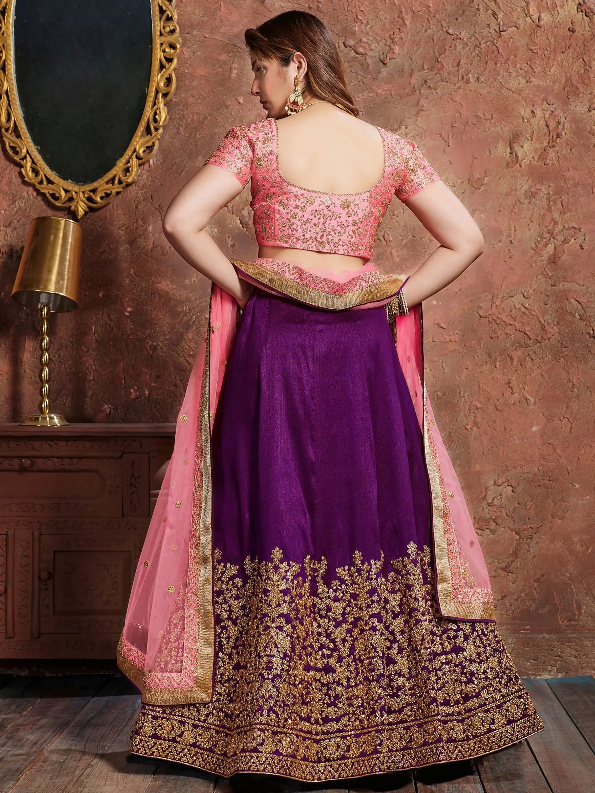 Purple Sequins Embroidered Silk Wedding Wear Lehenga Choli - Zeel Clothing