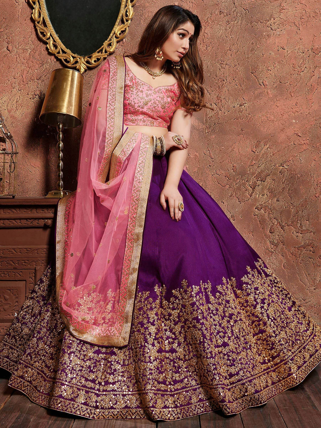 Purple Sequins Embroidered Silk Wedding Wear Lehenga Choli - Zeel Clothing