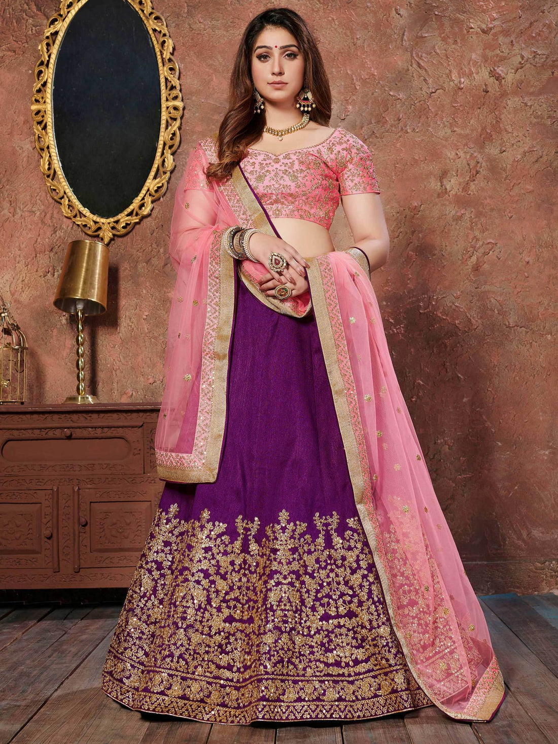 Purple Sequins Embroidered Silk Wedding Wear Lehenga Choli - Zeel Clothing