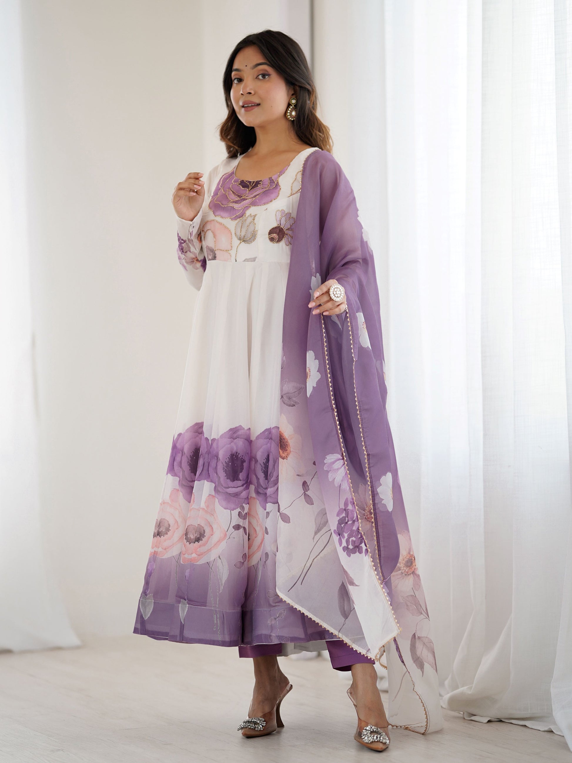 Rich Mauve Floral Printed Organza Event Wear Anarkali Suit With Dupatta