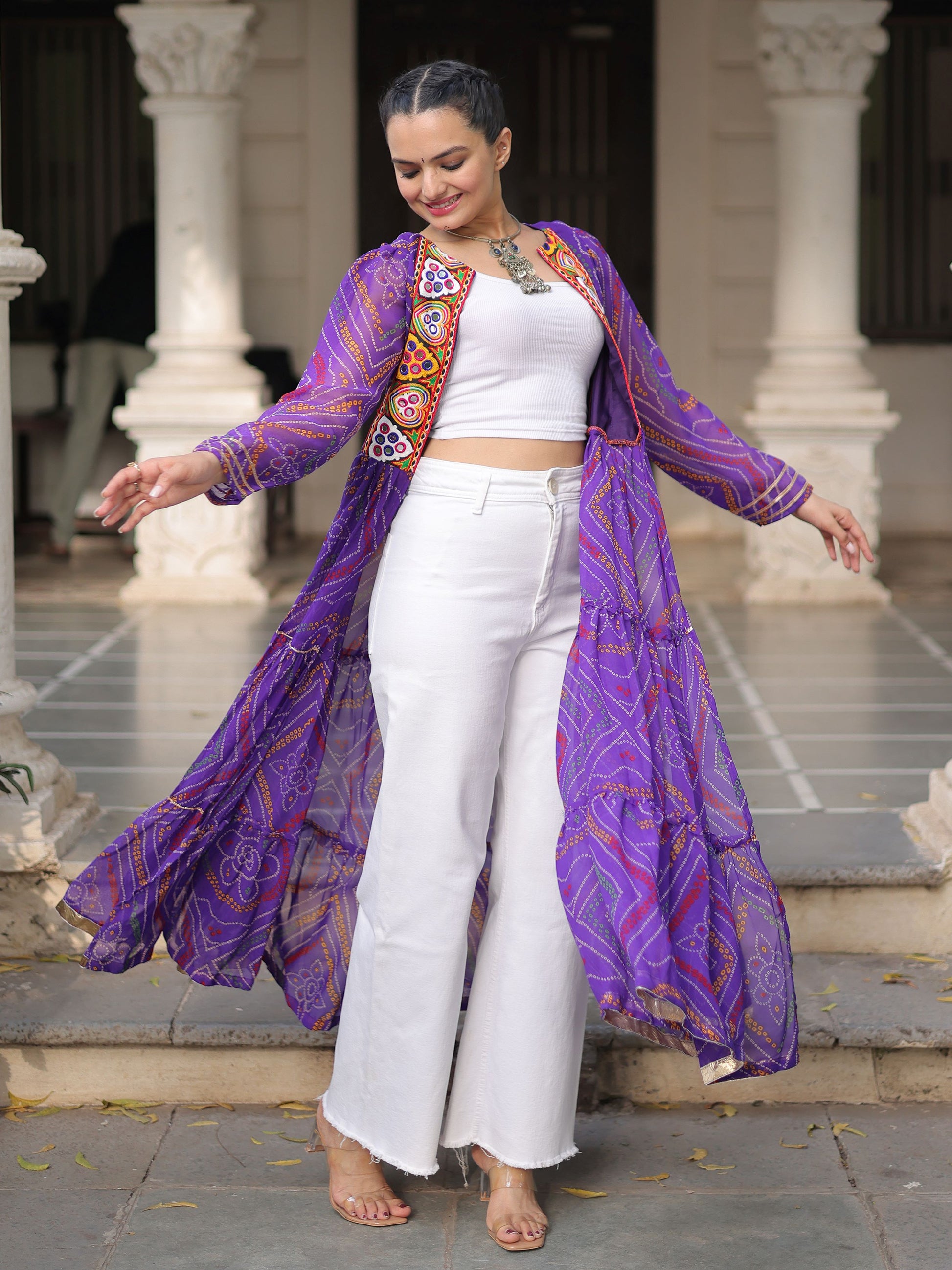 Lovable Purple Kutchi Patch Work Georgette Multi Layer Shrug