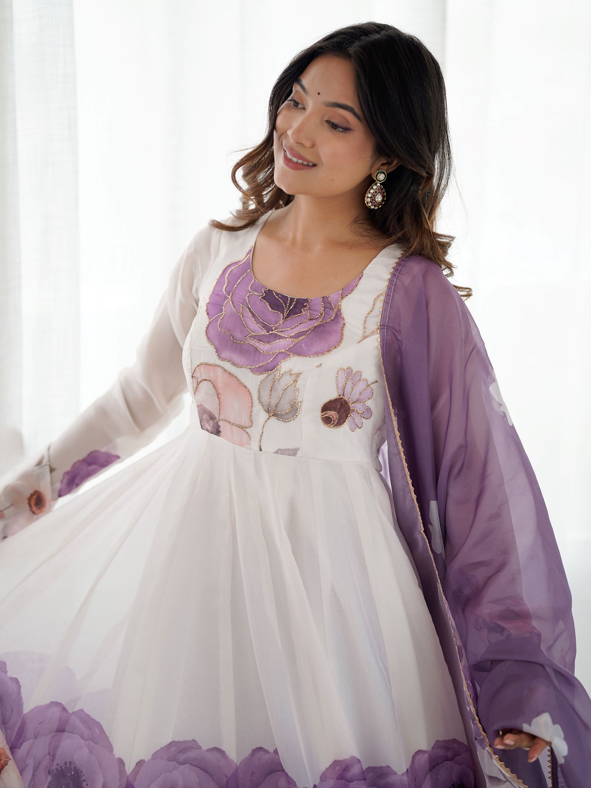 Rich Mauve Floral Printed Organza Event Wear Anarkali Suit With Dupatta