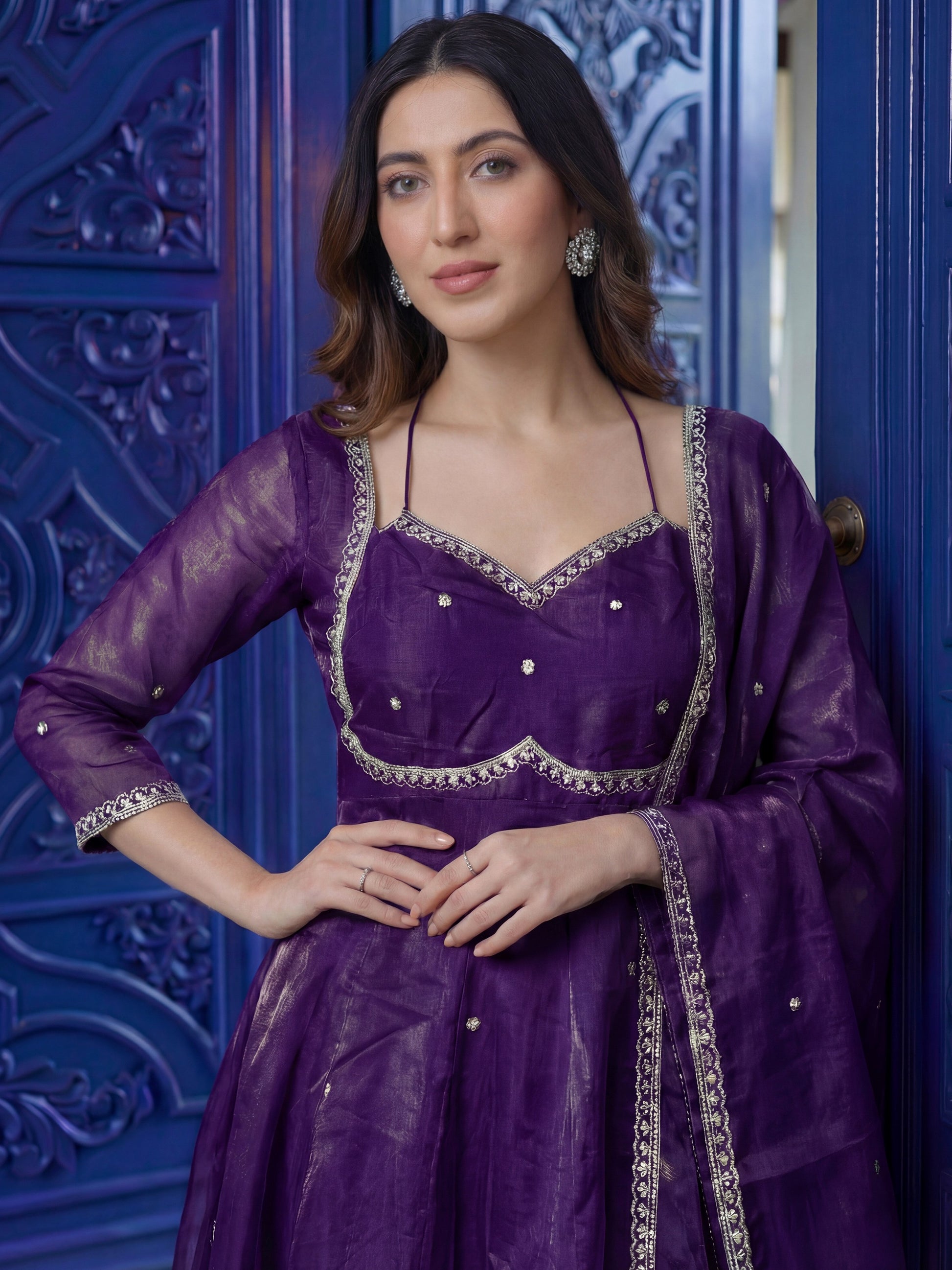 Elegant Purple Sequins Work Silk Festive Wear Anarkali Gown With Dupatta