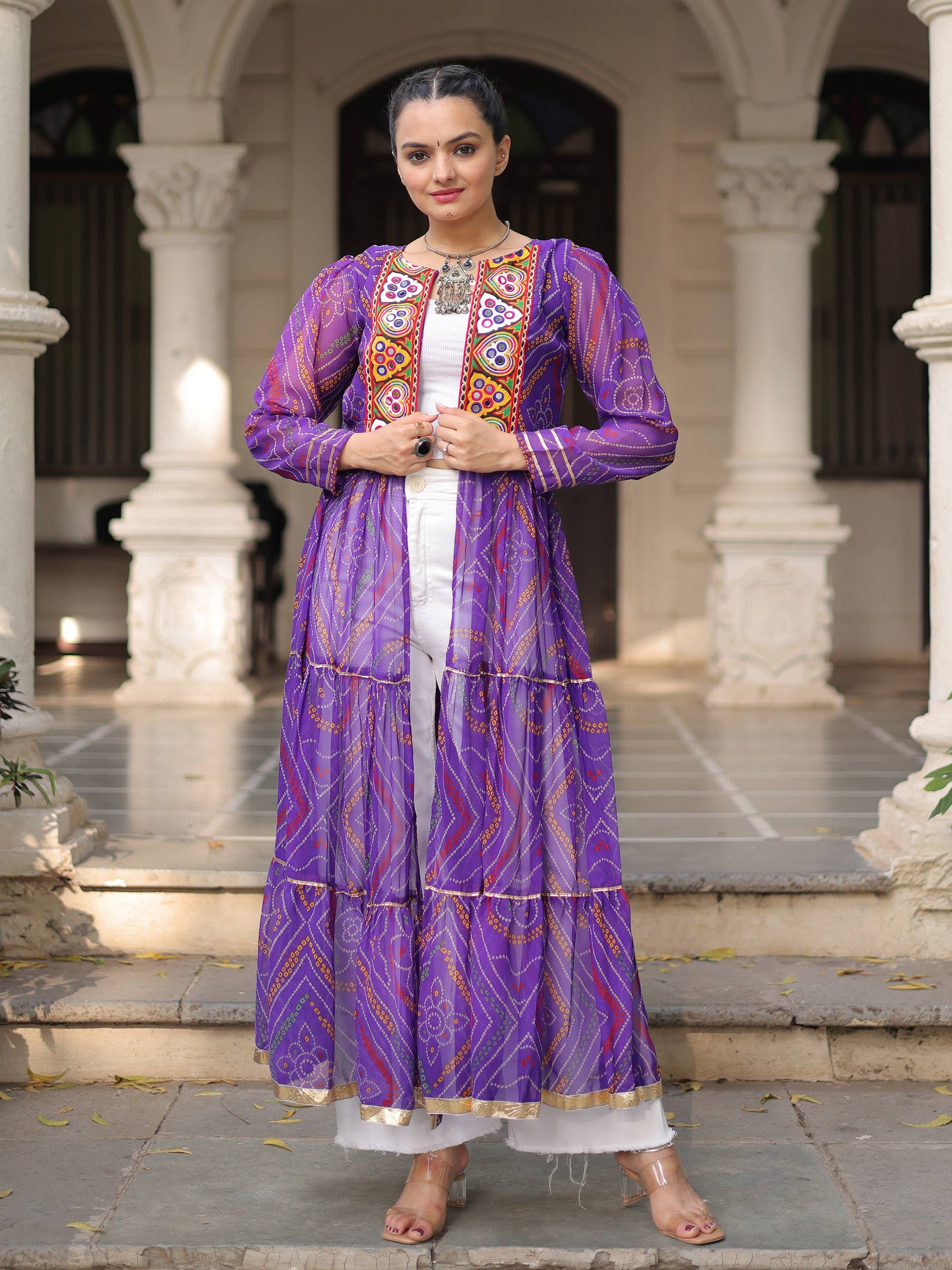 Lovable Purple Kutchi Patch Work Georgette Multi Layer Shrug