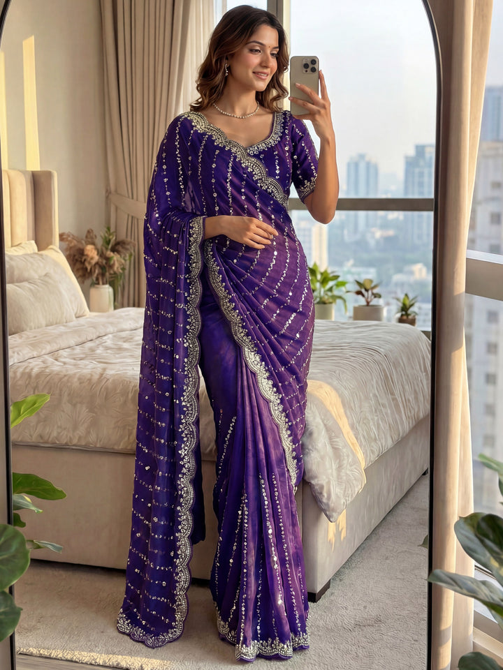 Amazeballs Purple Bead Embroidered Satin Party Saree With Blouse