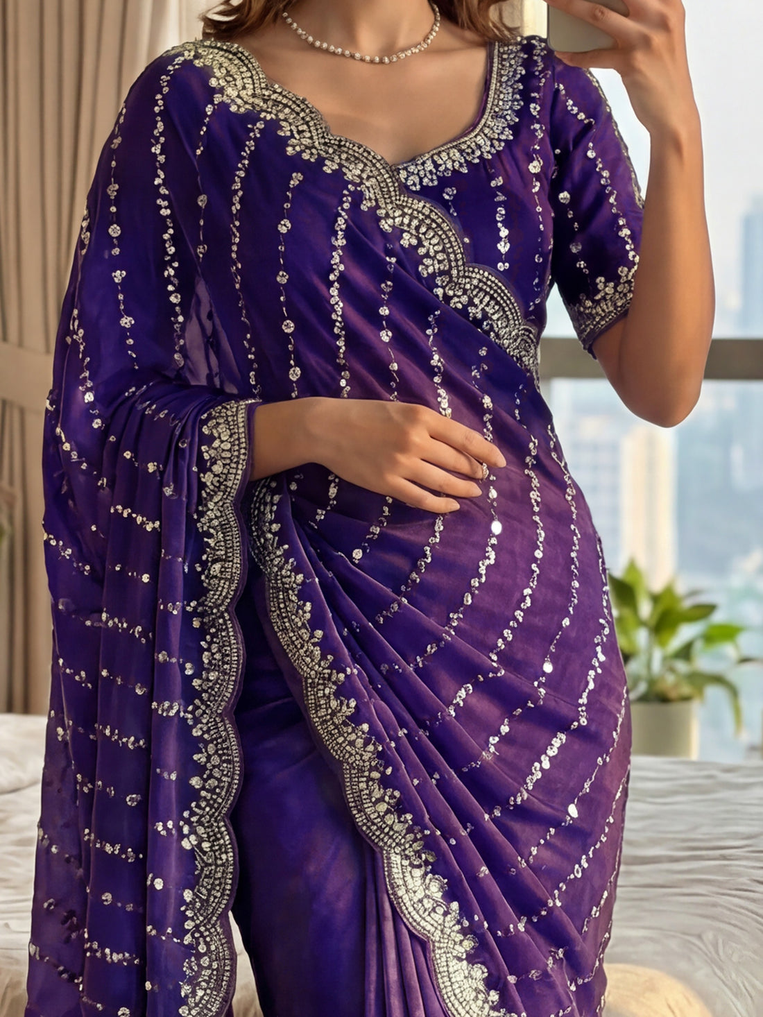 Amazeballs Purple Bead Embroidered Satin Party Saree With Blouse