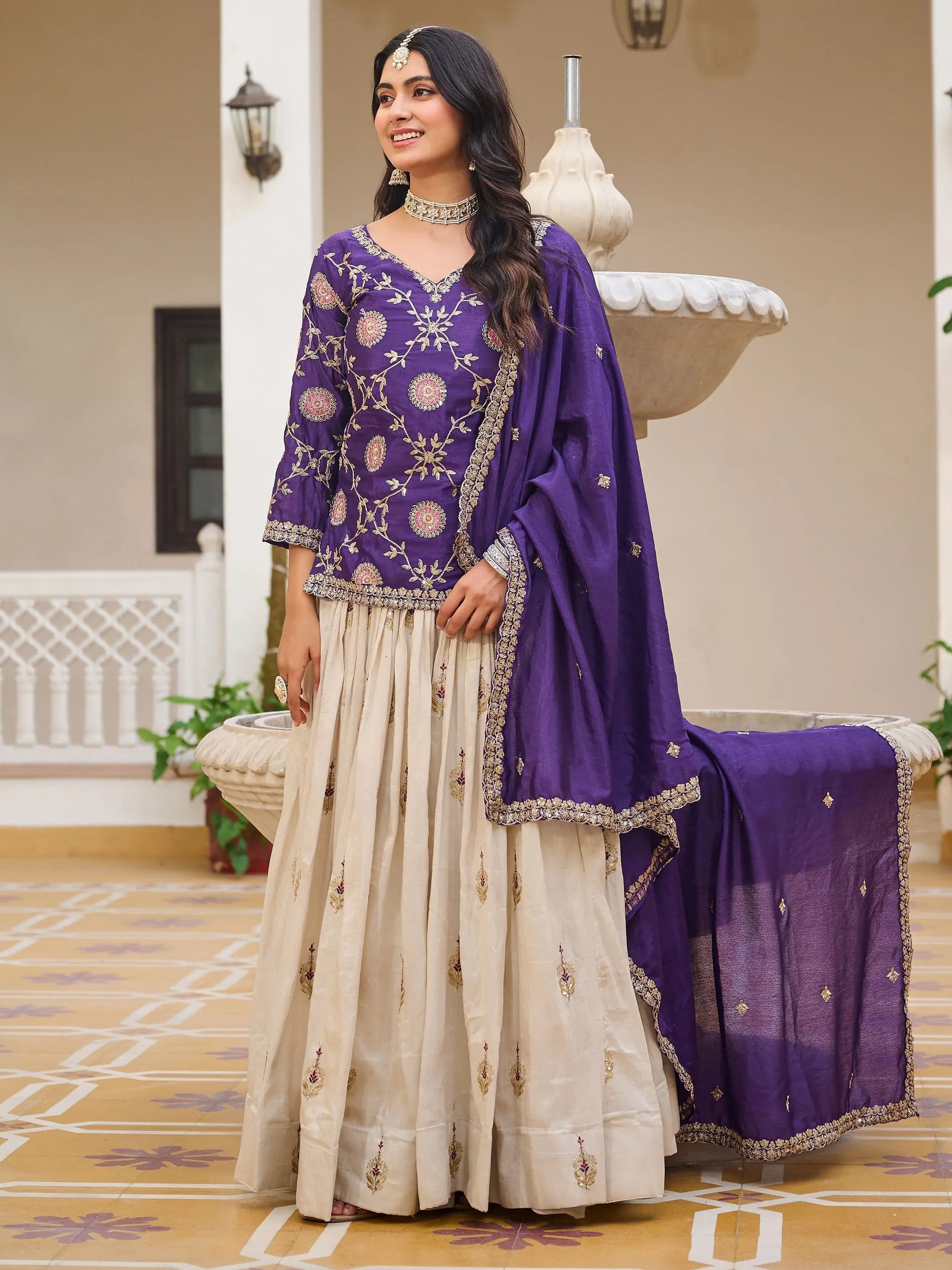 Attractive Beige Sequins Tissue Wedding Wear Lehenga With Long Choli