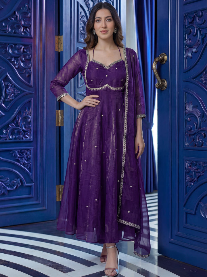 Elegant Purple Sequins Work Silk Festive Wear Anarkali Gown With Dupatta
