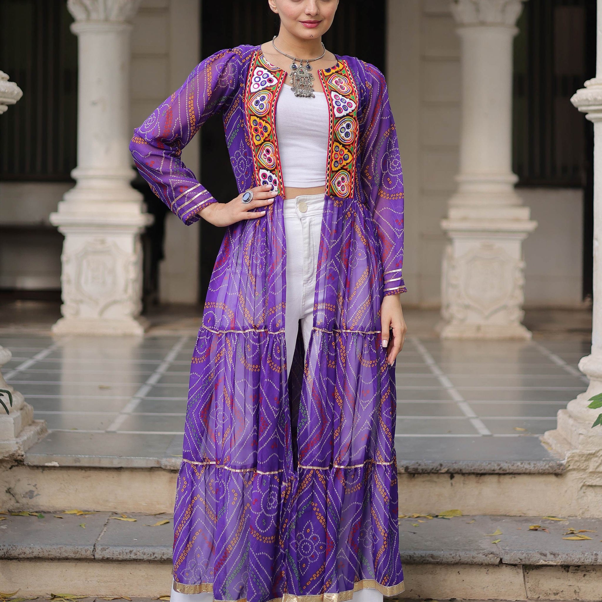 Lovable Purple Kutchi Patch Work Georgette Multi Layer Shrug