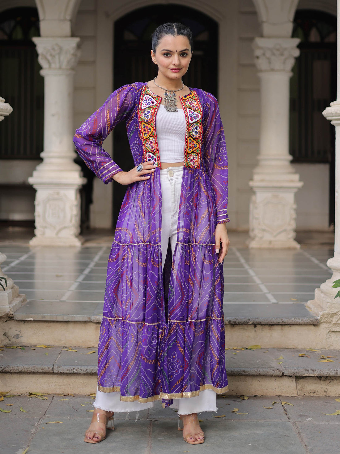 Lovable Purple Kutchi Patch Work Georgette Multi Layer Shrug