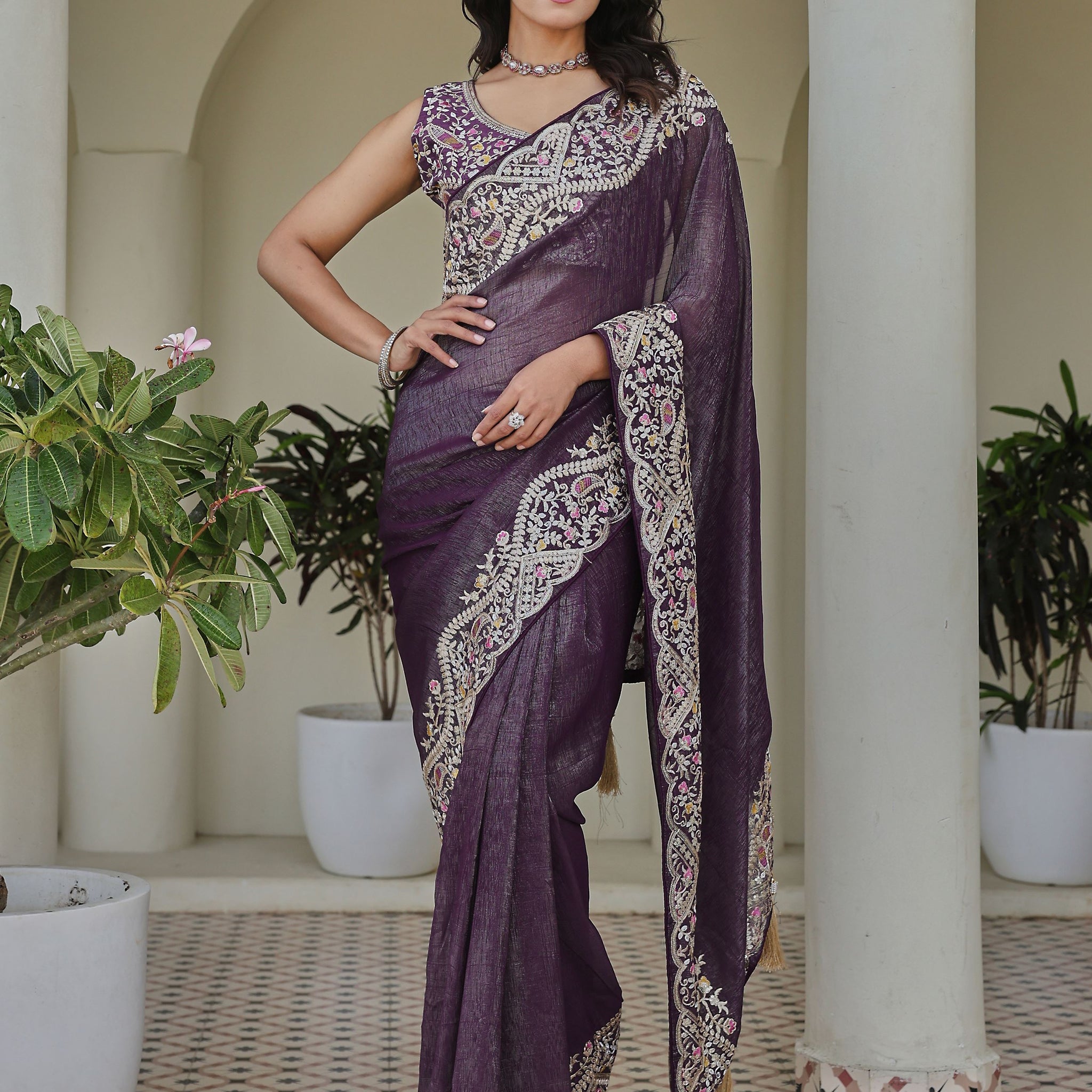 Terrific Purple Embroidered Border Organza Wedding Wear Saree With Blouse