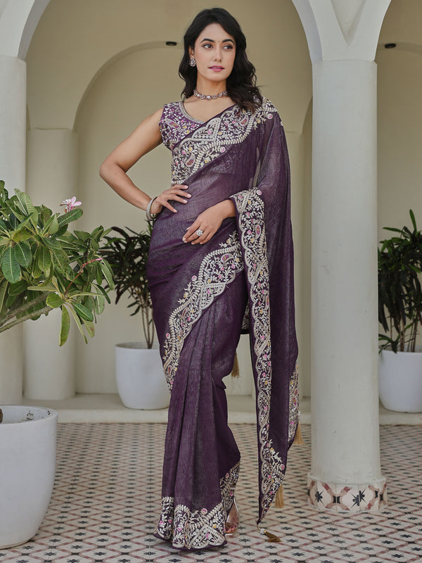 Terrific Purple Embroidered Border Organza Wedding Wear Saree With Blouse