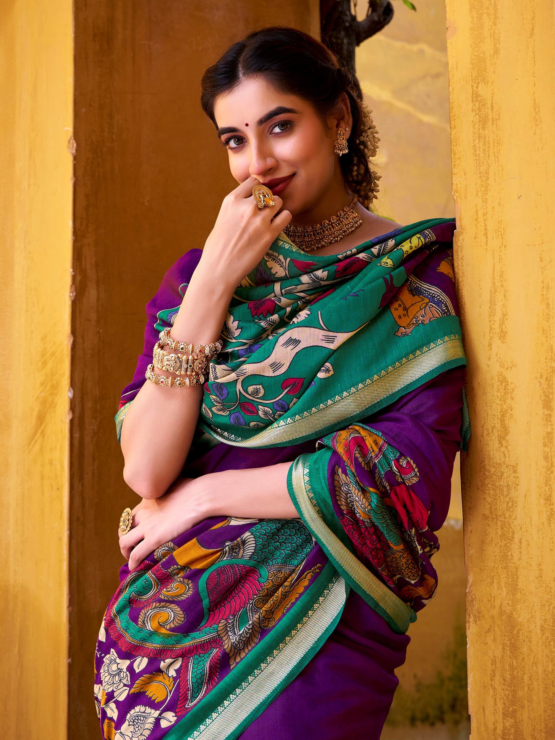 Regal Purple Kalamkari Print Chanderi Silk Festive Wear Saree With Blouse