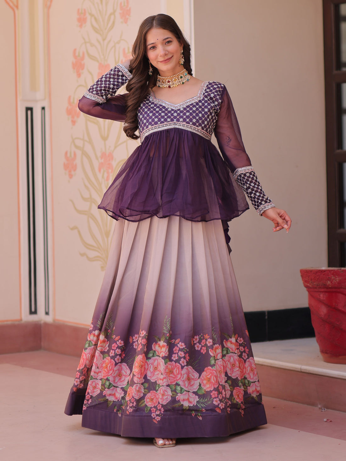 Notable Purple Bead Work Silk Wedding Wear Lehenga With Peplum Top