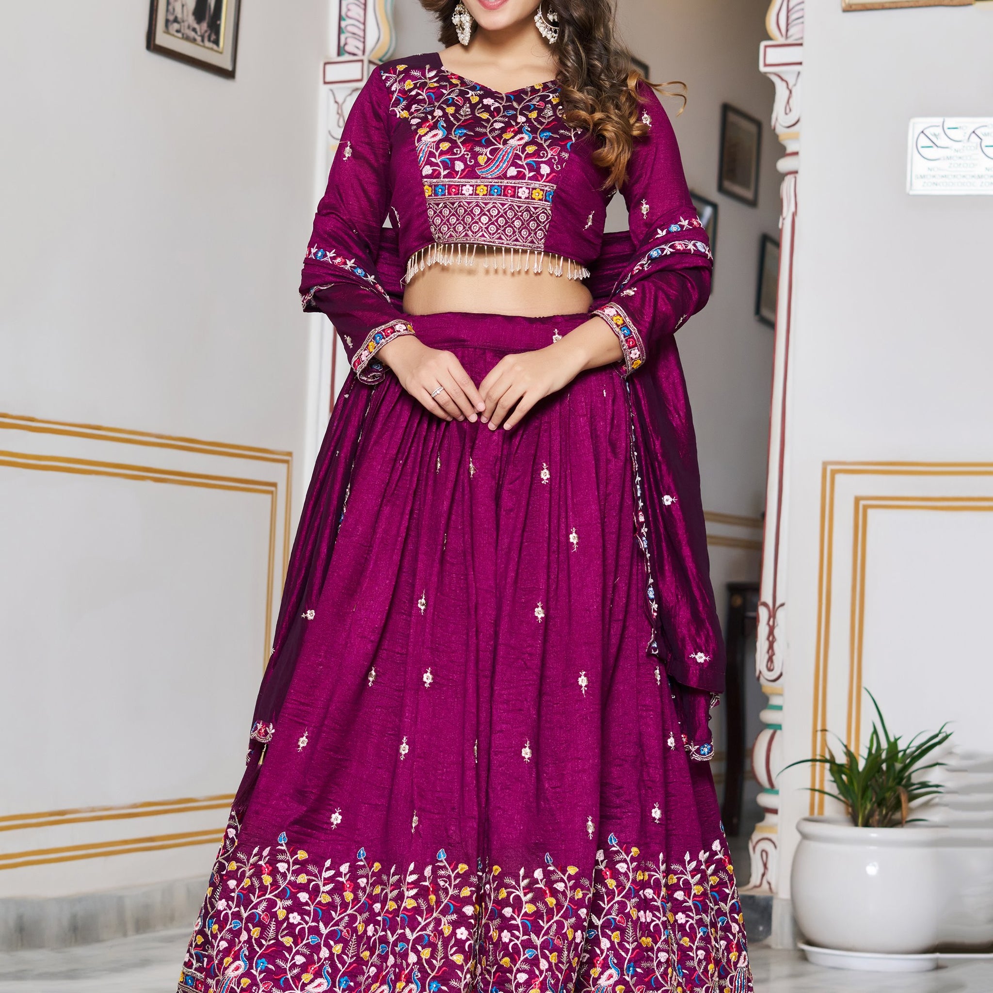 Regal Purple Thread Work Silk Festive Wear Lehenga Choli With Dupatta