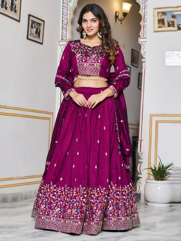 Regal Purple Thread Work Silk Festive Wear Lehenga Choli With Dupatta