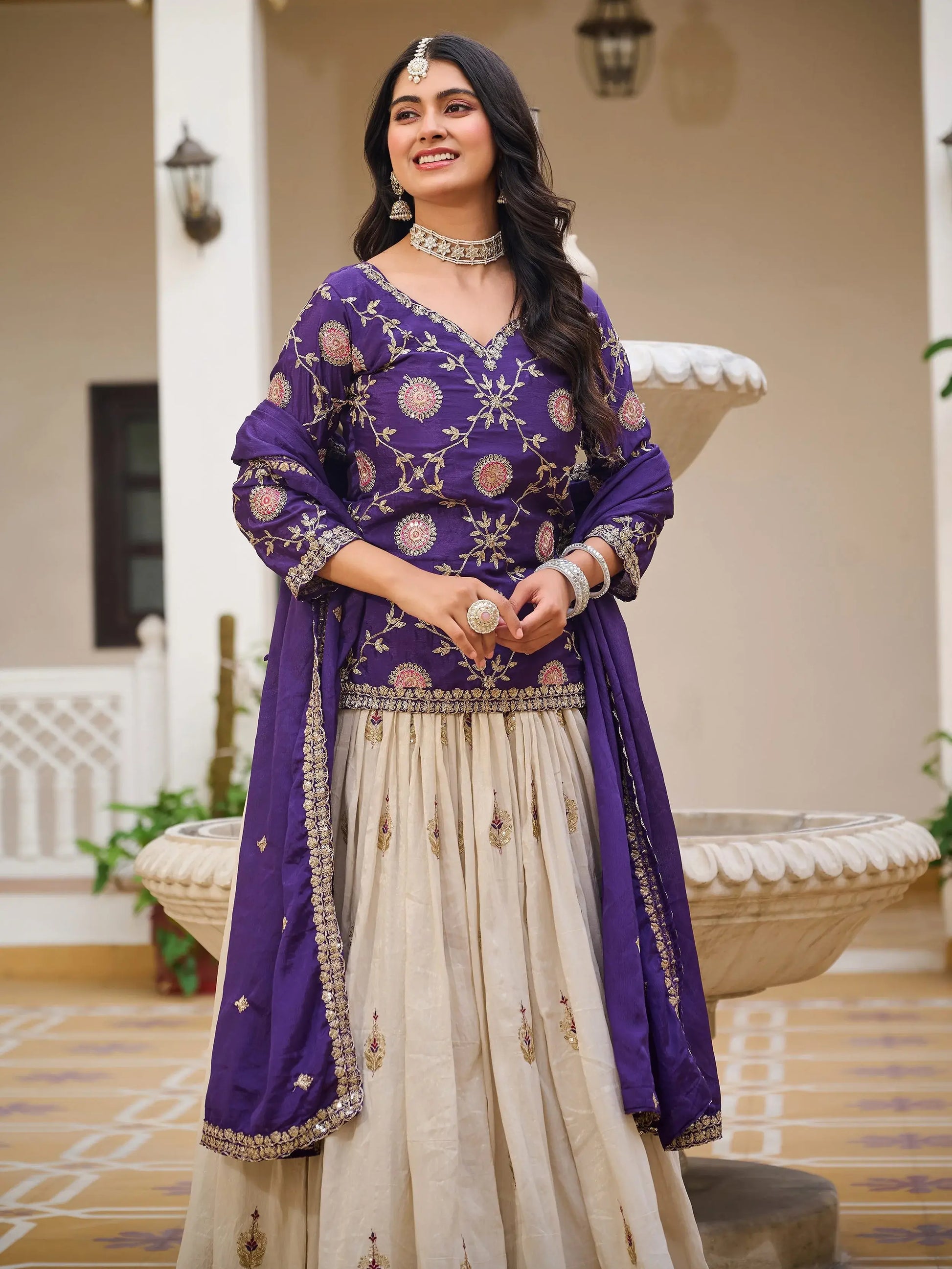 Attractive Beige Sequins Tissue Wedding Wear Lehenga With Long Choli